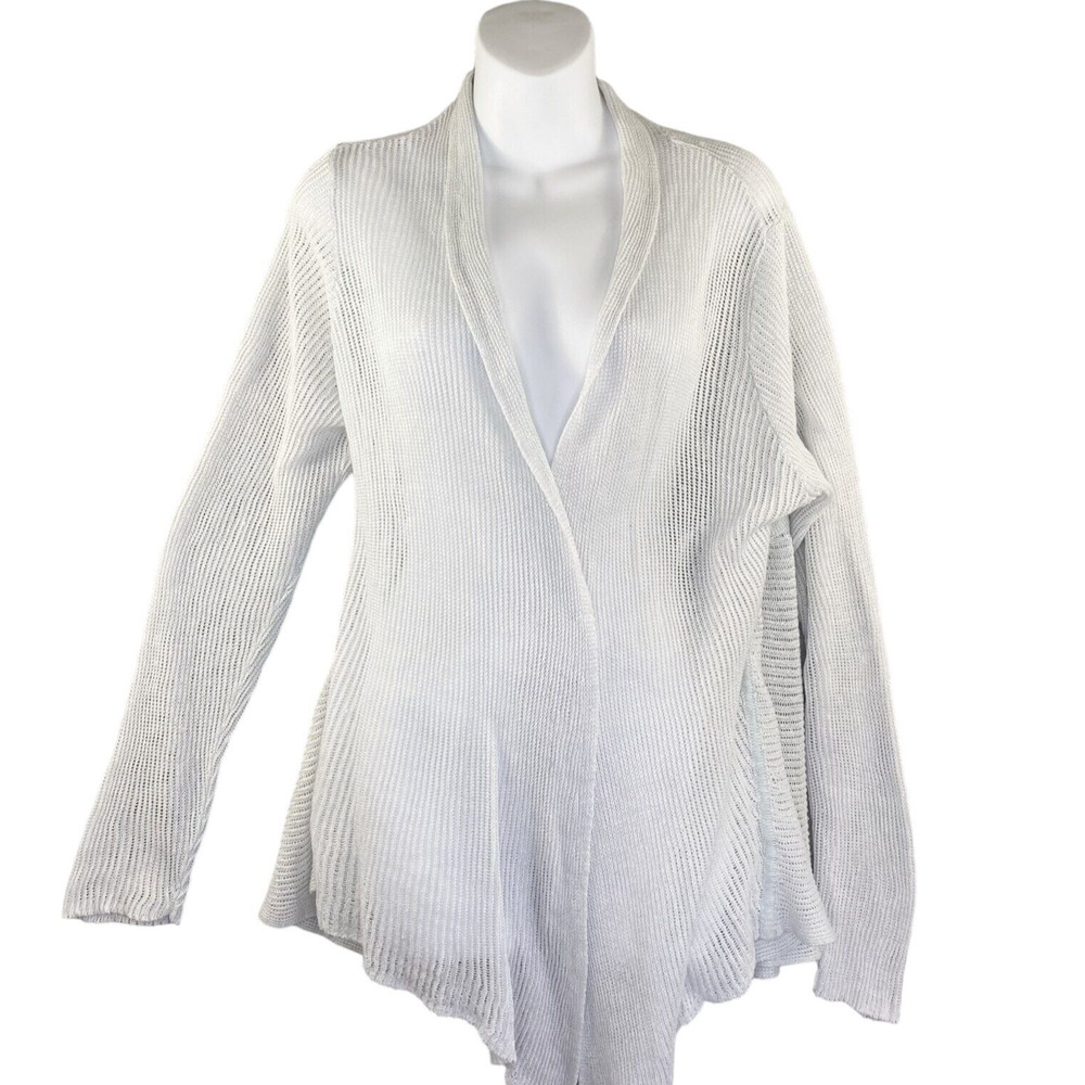 Eileen Fisher Sweater 2X Blue Loose Knit Linen Asymmetric Cardigan Italian Yarn